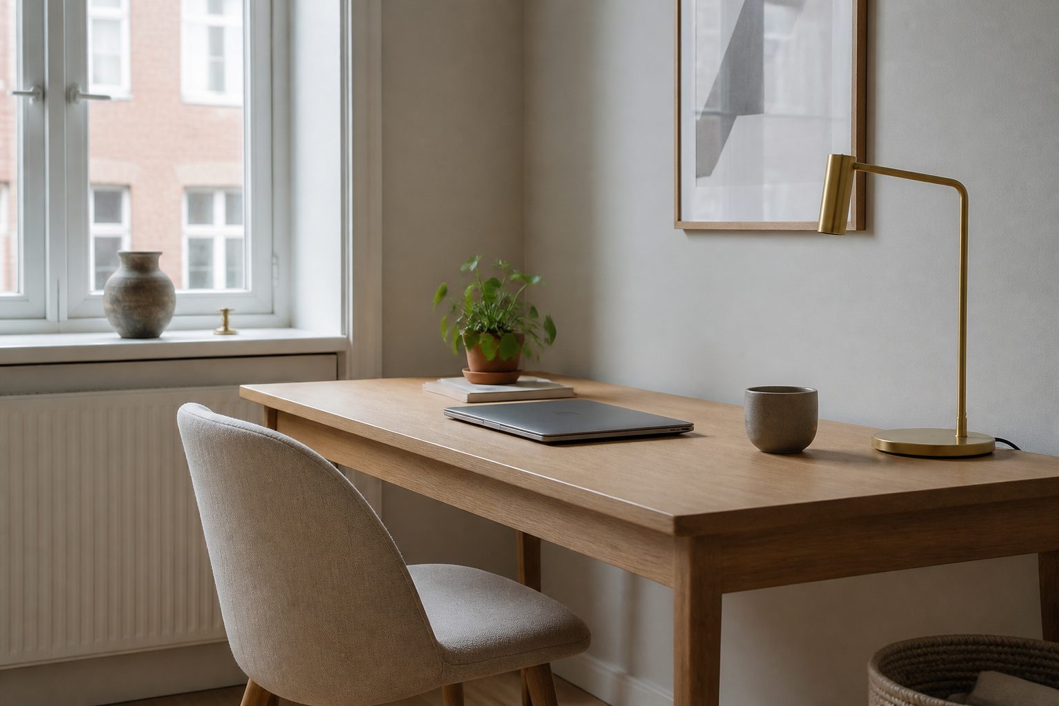 Skrivebord til hjemmekontor: dybde, kabelro og dagslys i lejligheden