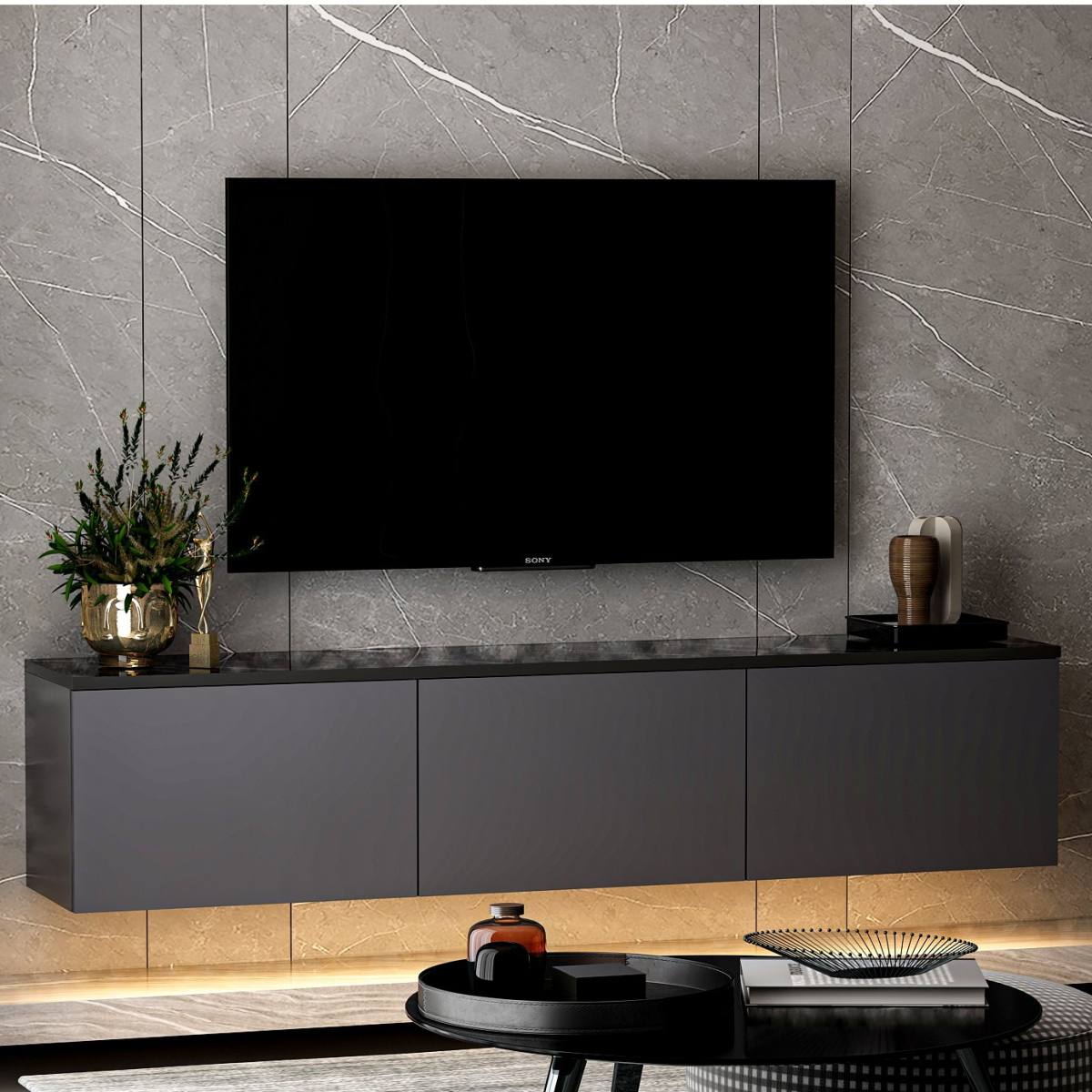 NORDVÄRK Neon Illuminated væghængt TV-bord, m. 3 låger, produktbillede 8 af 10, TV-borde hos HomeNordic