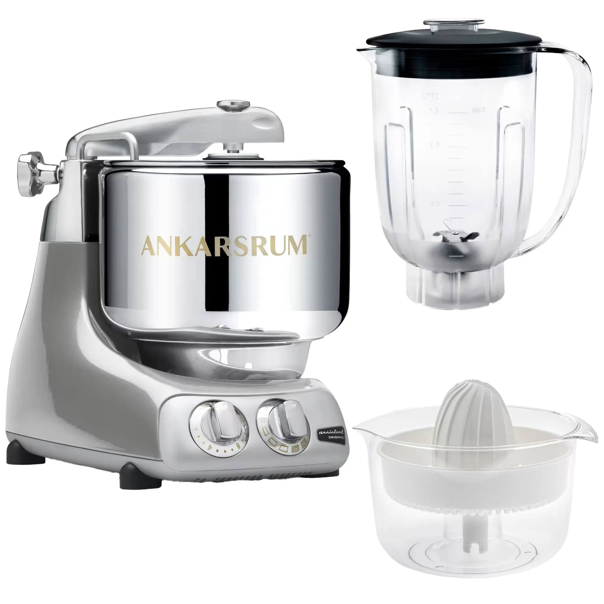 Assistent AKM6230 + mixerkande og citruspresser, sølv, Røremaskiner hos HomeNordic