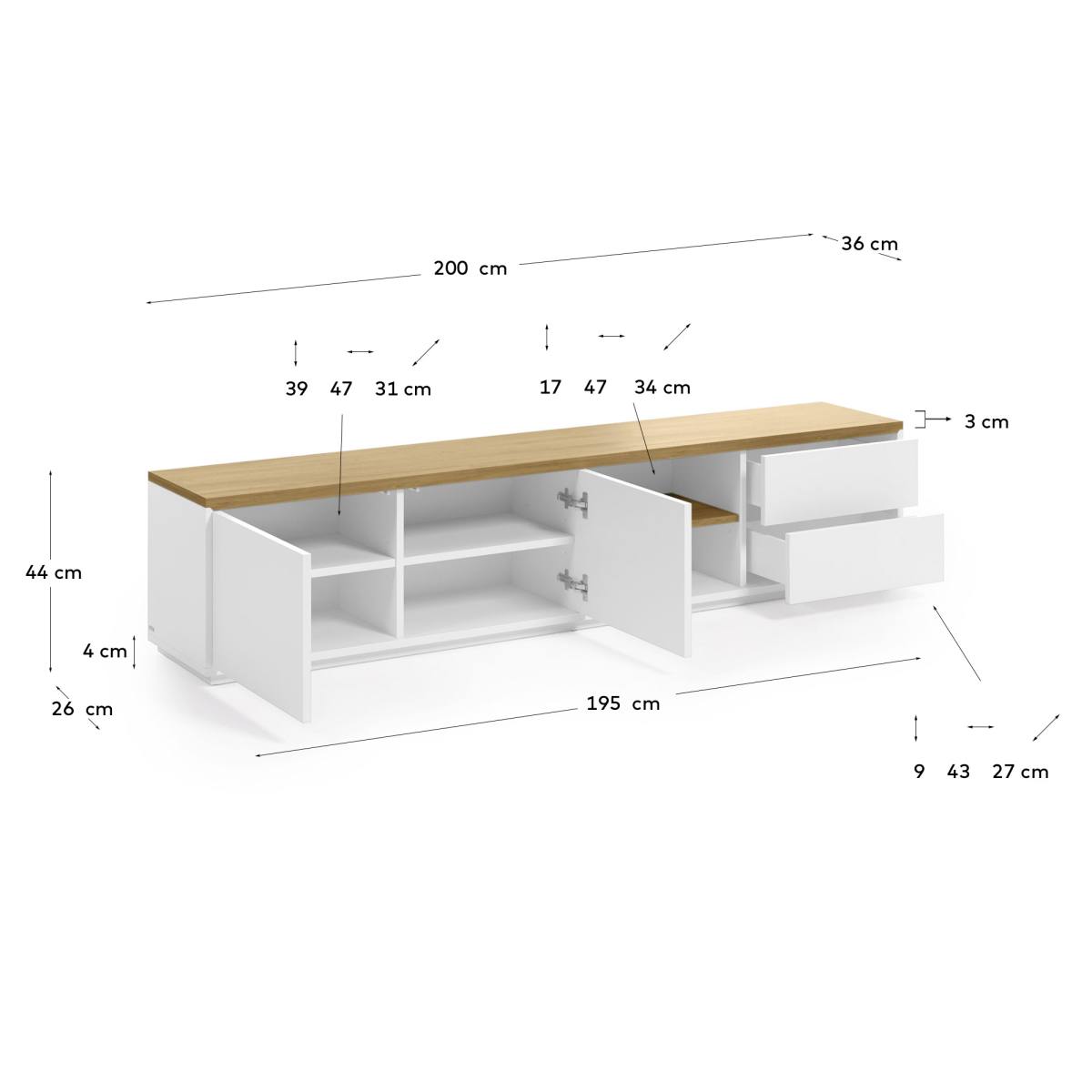 KAVE HOME Abilen TV-bord, m. 2 låger, 2 skuffer og 3 hylder, produktbillede 2 af 8, TV-borde hos HomeNordic