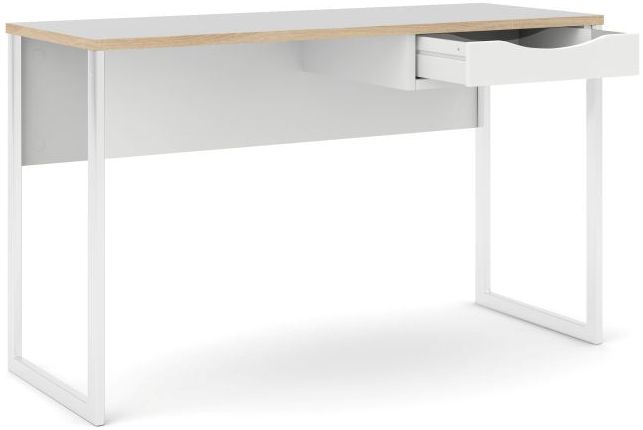 Prestige mat hvidt skrivebord 130 x 48 cm med 1 skuffe og metalstel., Skriveborde hos HomeNordic