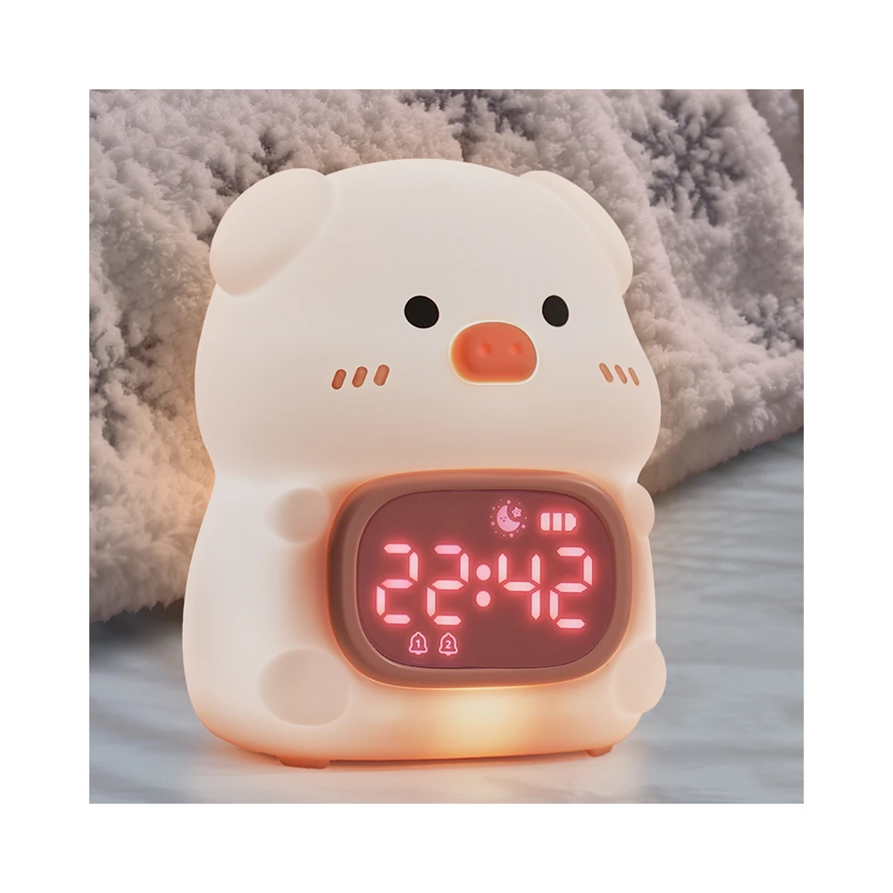 MOCHI Gris natlampe med ur i blød silikone, Bordlamper hos HomeNordic