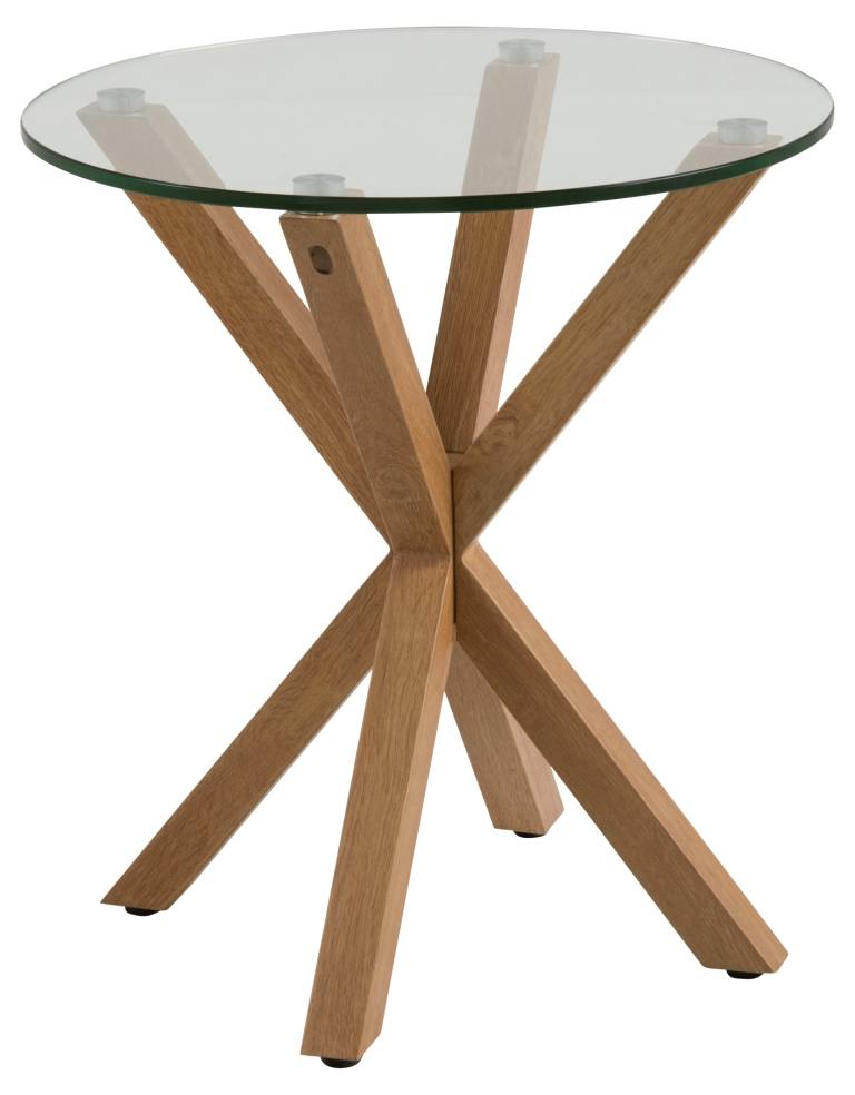 Sorgenfri rundt hjørnebord 50 cm glasplade og metalstel med ege folie., Sofaborde hos HomeNordic