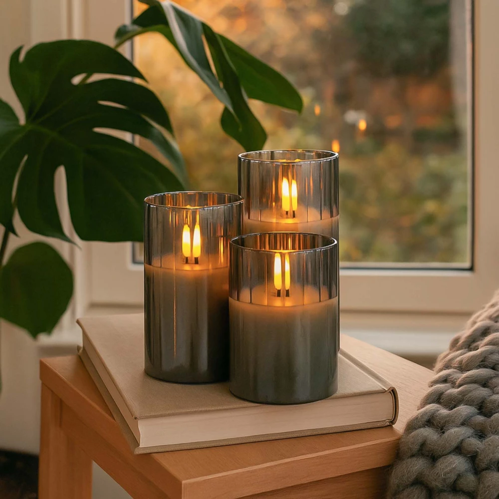LED Bloklys sæt i røgfarvet glas Ø7,5cm, 3 stk, flammeeffekt hos HomeNordic