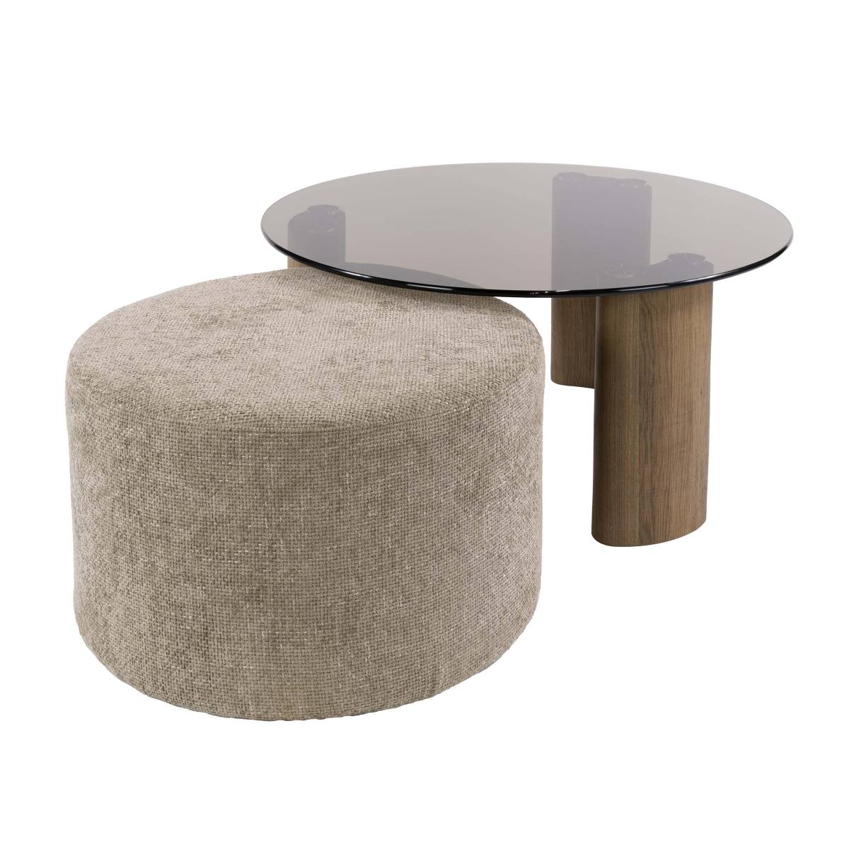 Vaso - Sofabord med glastop samt puf i sandfarvet stof, produktbillede 2 af 5, Moderne designs hos HomeNordic
