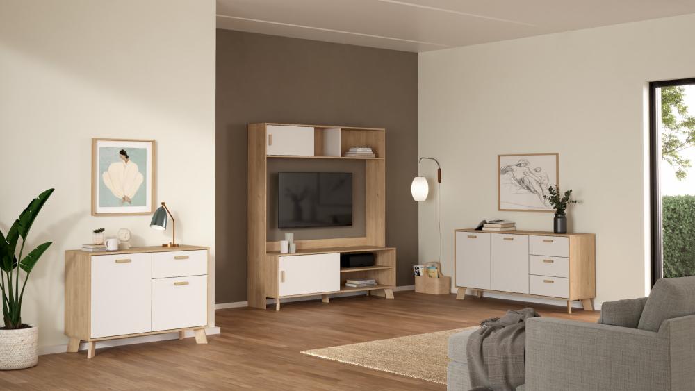 TVILUM Ikast TV-væg med 2 skydedøre, Jackson Hickory/Hvid, 158,7 x, produktbillede 12 af 12, TV-borde hos HomeNordic