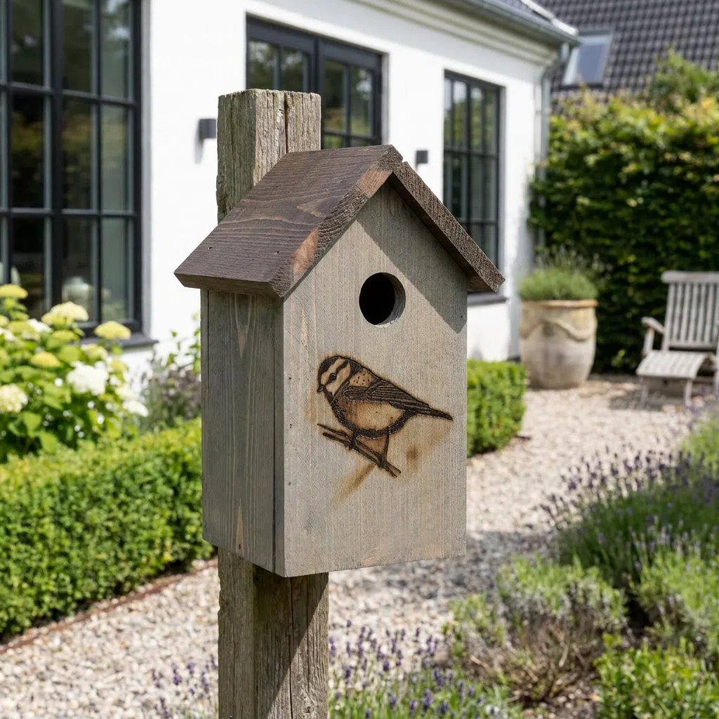 Fuglehus til blåmejse i grå fyrretræ – 14×15×H25 cm