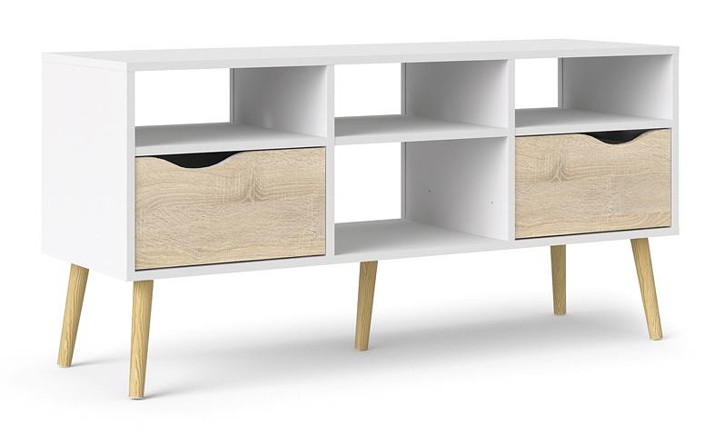 Odense ca 120 cm bredt TV bord hvid og ege look med 2 skuffer og 4 rum., TV-borde hos HomeNordic