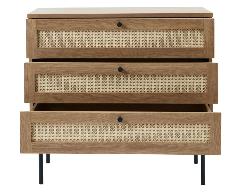 Pensacola Kommode, Melamin Egetræs-Look, 80x40x75 cm, 3 Skuffer, produktbillede 7 af 8, Kommoder hos HomeNordic