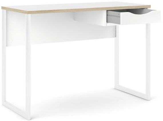 Prestige mat hvidt skrivebord 110 x 48 cm med 1 skuffe og metalstel., Skriveborde hos HomeNordic
