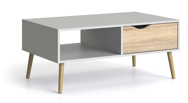 Odense sofabord 100 cm bredt, hvidt med ege look skuffe, Sofaborde hos HomeNordic