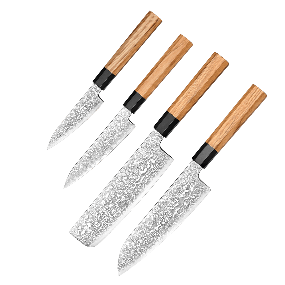 Japansk knivsæt | Paring Petty Nakiri Santoku | Damaskus Yuki-onna hos HomeNordic