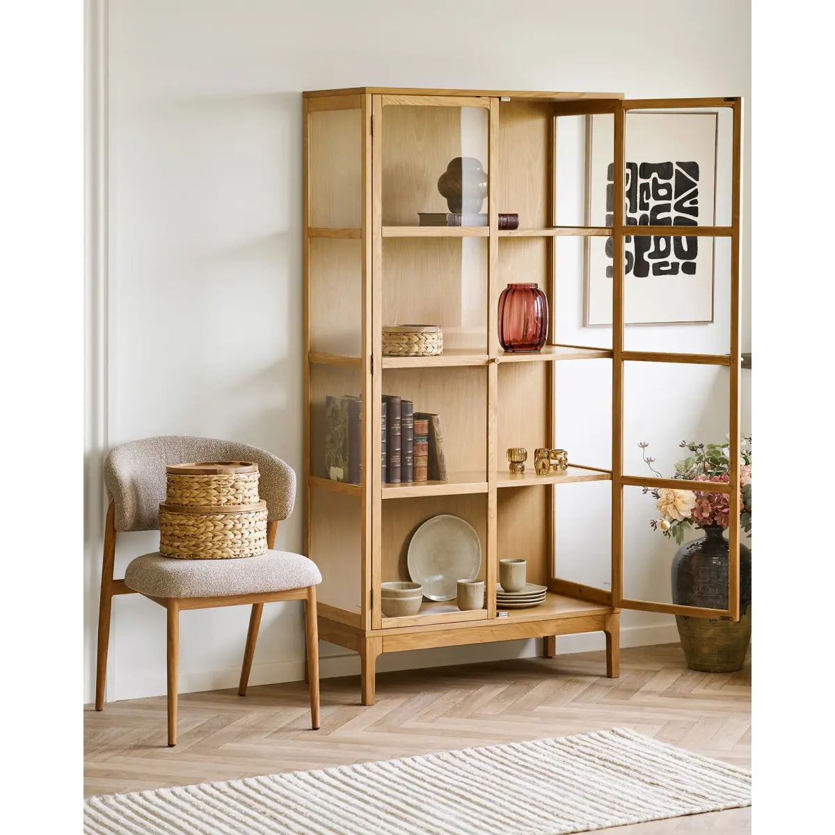 Zamora Vitrineskab - Vitrineskab, 2 Glaslåger, 3 Hylder, Eg/Egefiner/Hærdet Glas, Natur 40X90X180 Cm – billede 7