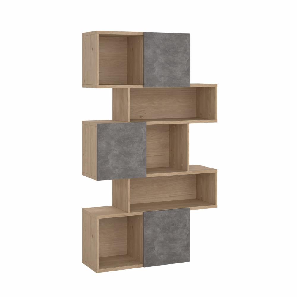 Puzzle bogreol 95 x 165 cm med 3 låger i egelook/beton, Bogreoler hos HomeNordic
