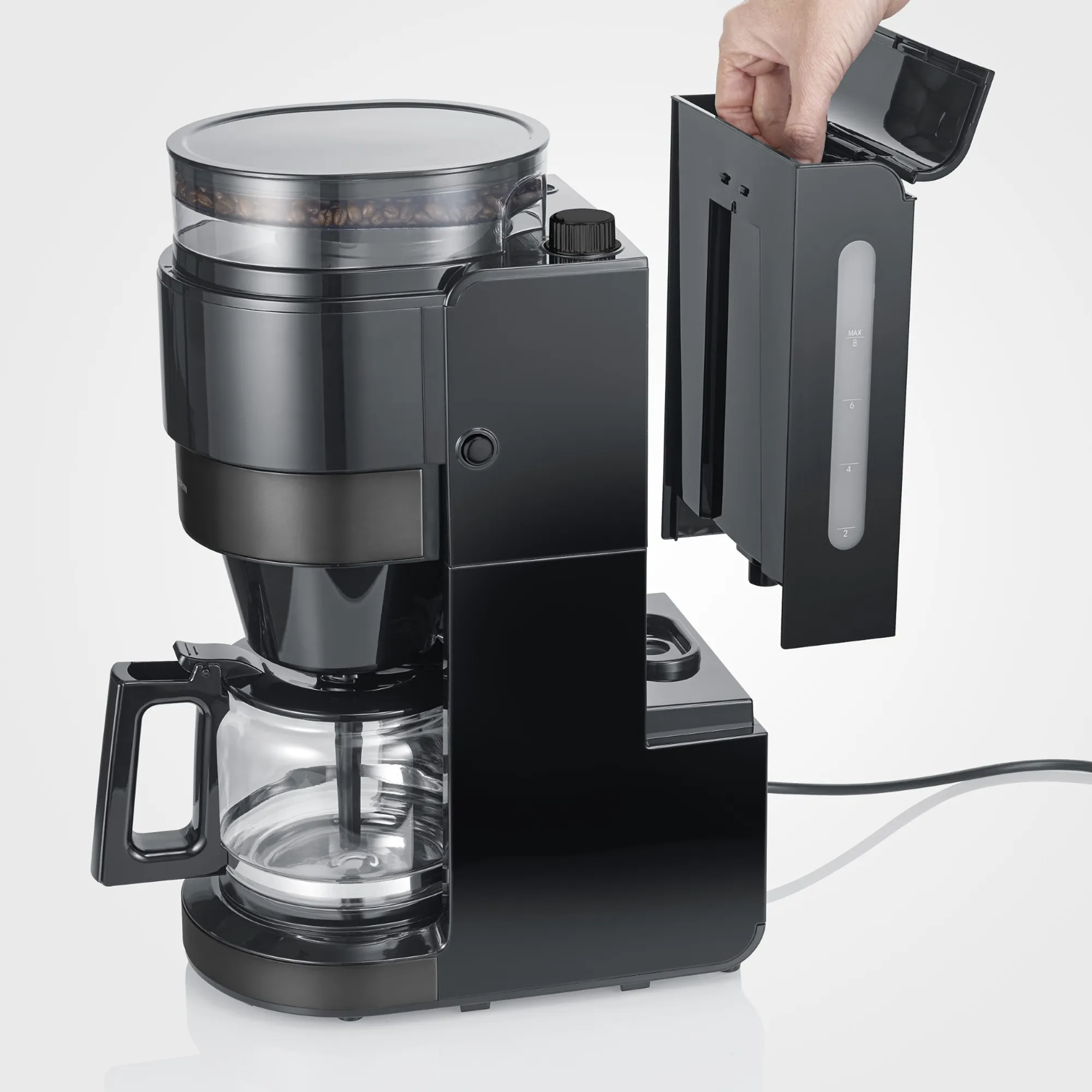 Kaffemaskine med kværn & glaskande, dark inox, produktbillede 4 af 5, Kaffemaskiner hos HomeNordic