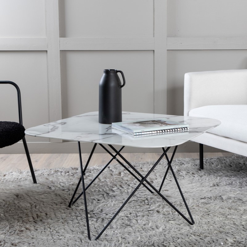 Tubas- Sofabord i hvid marmor glas og sort metal, 80 x 80 cm, Moderne designs hos HomeNordic
