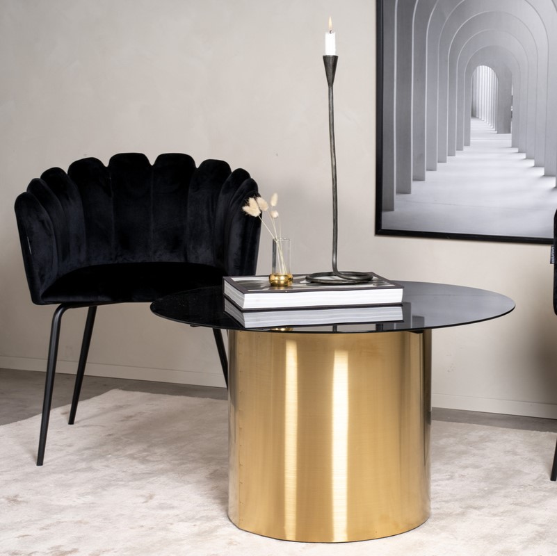 Kreta - Sofabord i guldfarvet cylinderformet metal og glas, Moderne designs hos HomeNordic