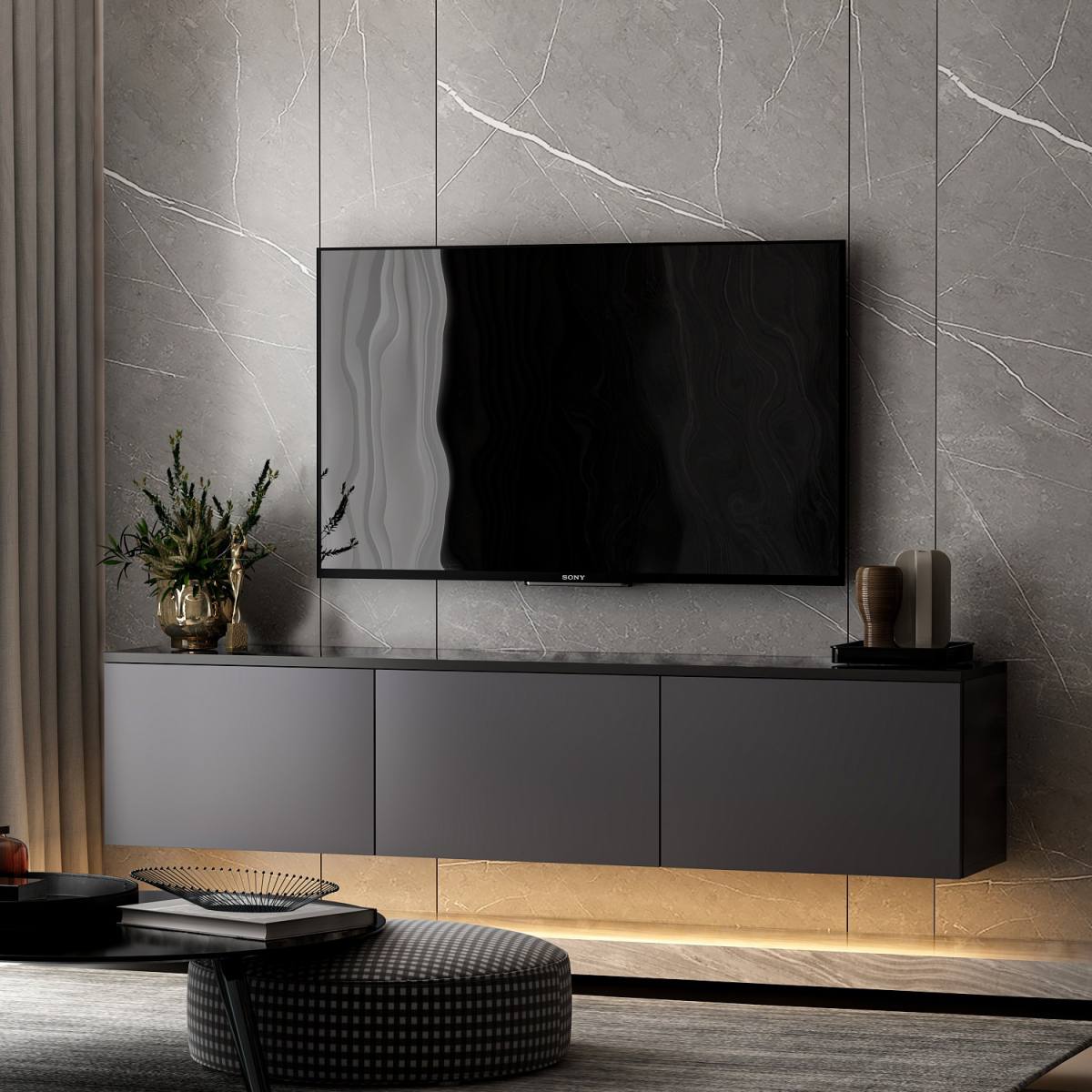 NORDVÄRK Neon Illuminated væghængt TV-bord, m. 3 låger, produktbillede 6 af 10, TV-borde hos HomeNordic