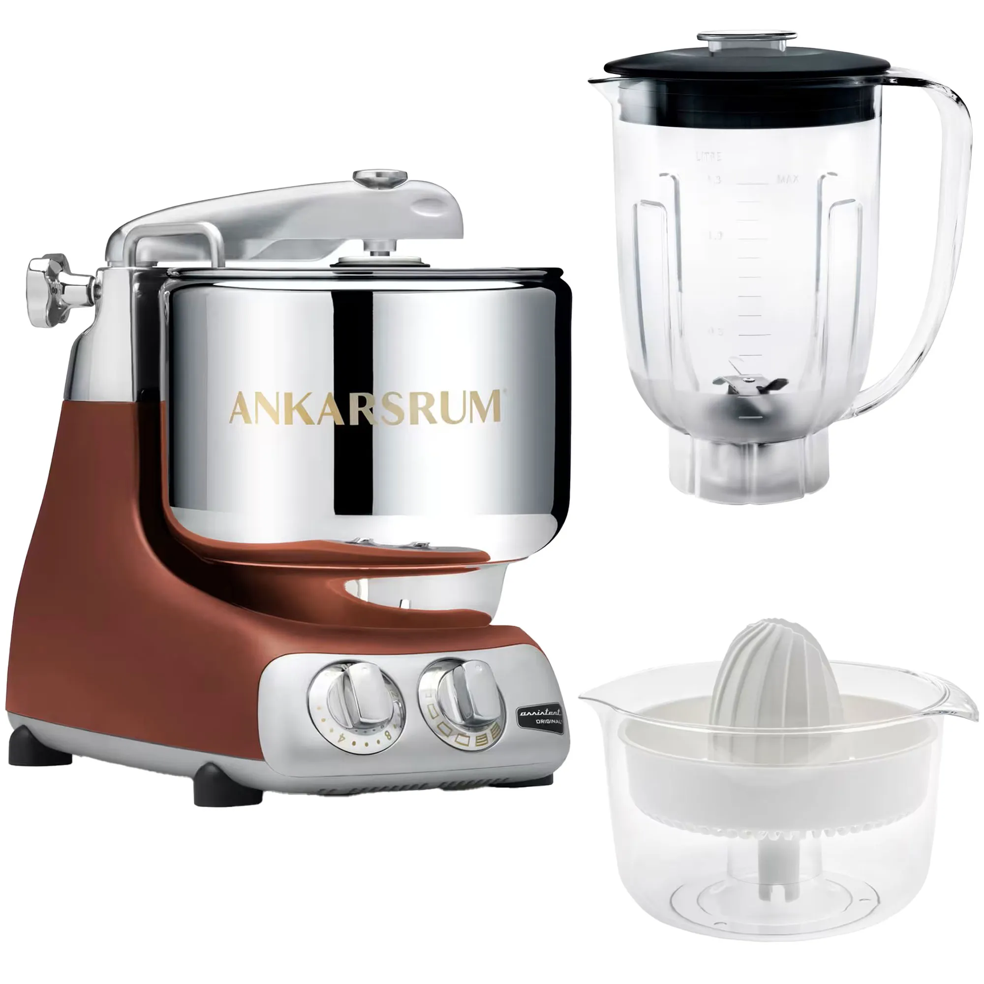 Assistent AKM6230 + mixerkande og citruspresser, rustic maroon, Røremaskiner hos HomeNordic