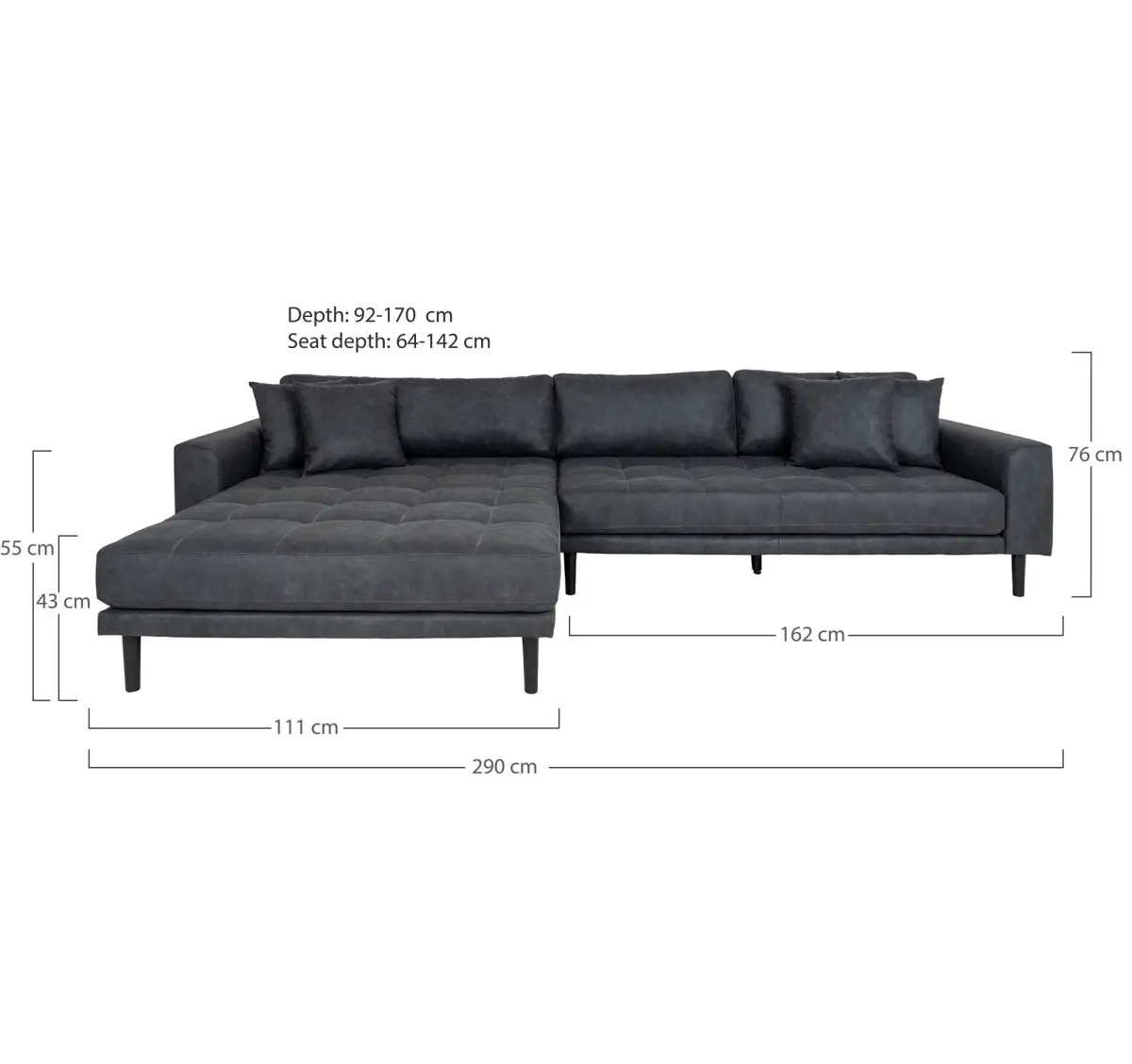 Lido Loungesofa - Loungesofa, Venstrevendt I Mørkegrå Microfiber Med Fire Puder Og Sort Træben, Hn1000 – billede 4