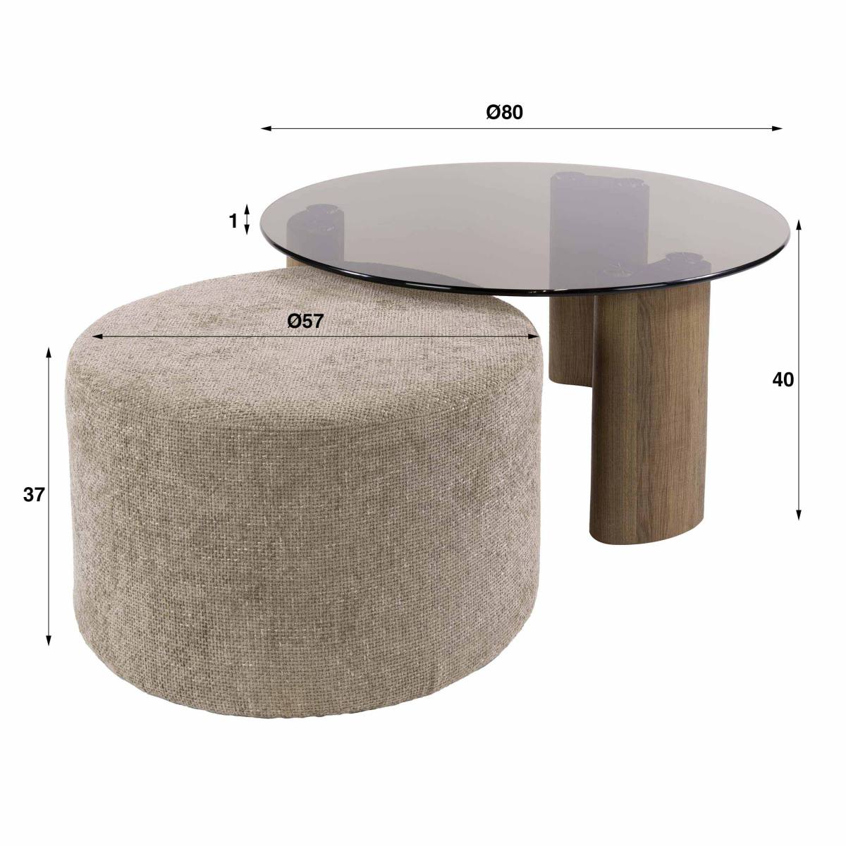 Vaso - Sofabord med glastop samt puf i sandfarvet stof, produktbillede 5 af 5, Moderne designs hos HomeNordic