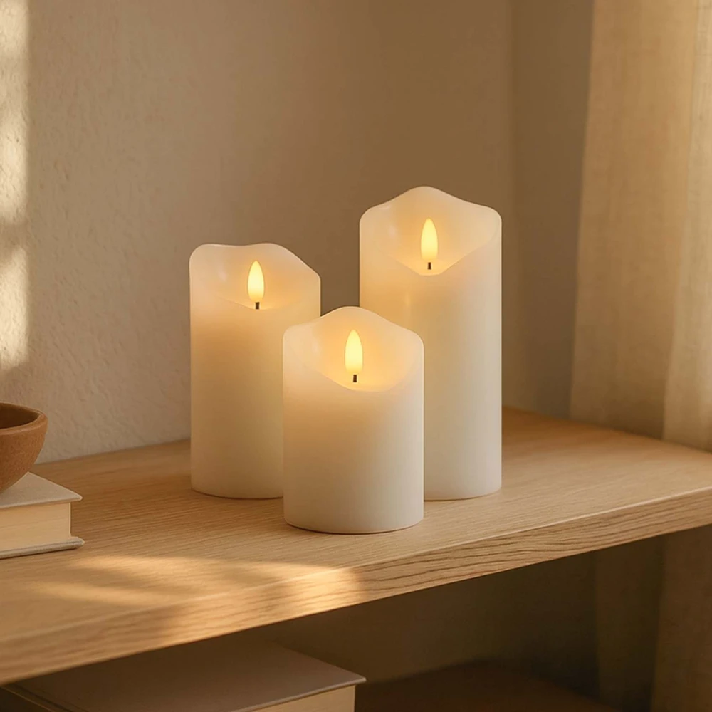 Sæt med 3 stk. LED Bloklys 10cm høj, flammeeffekt, hvid hos HomeNordic