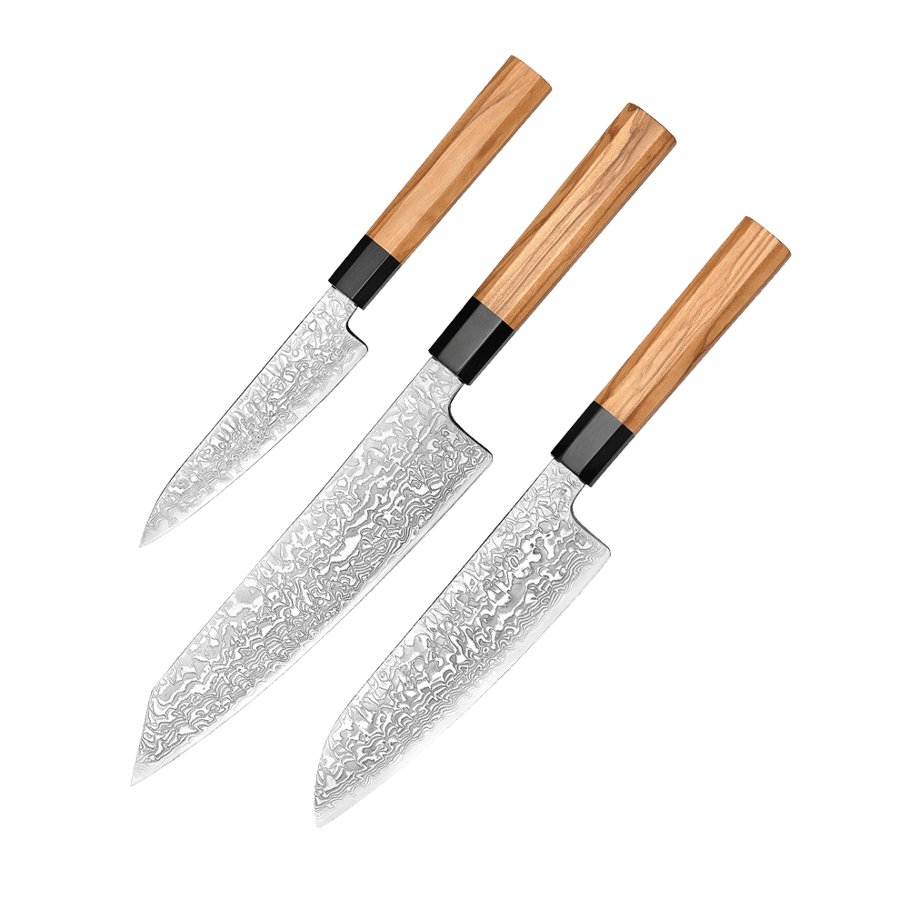 Japansk knivsæt | Petty Santoku Bunka | Damaskus Yuki-onna hos HomeNordic