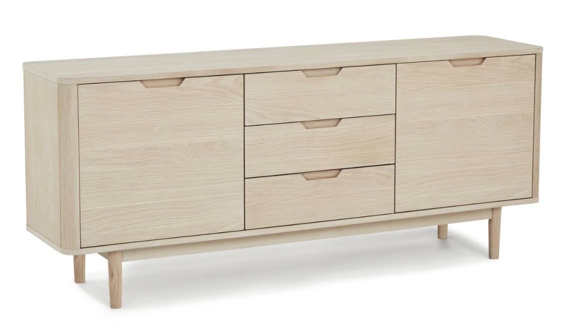 Tåsinge skænk i hvidolieret ege finér 180 x 45 cm, 3 sektioner med soft, Skænke hos HomeNordic