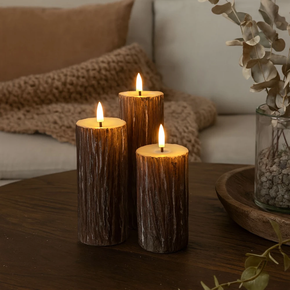 LED Træ-look bloklys 3 stk sæt, smelte-look, flammeeffekt hos HomeNordic