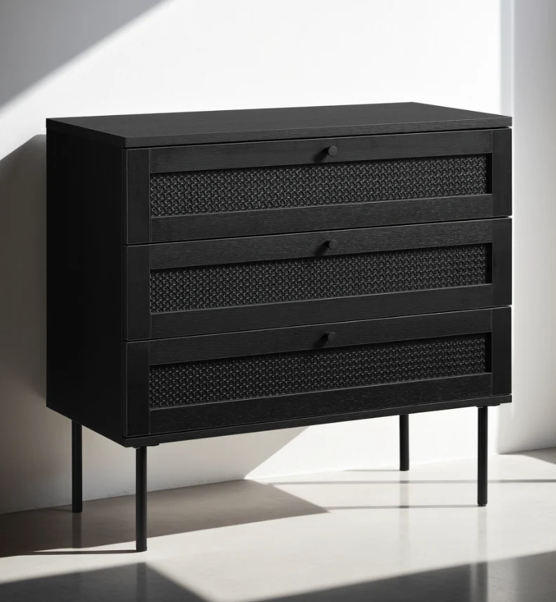 Pensacola Kommode, Sort Melamin, 80x40x75 cm, 3 Skuffer, produktbillede 2 af 6, Kommoder hos HomeNordic