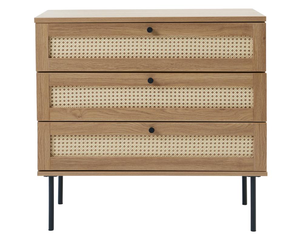 Pensacola Kommode, Melamin Egetræs-Look, 80x40x75 cm, 3 Skuffer, produktbillede 8 af 8, Kommoder hos HomeNordic