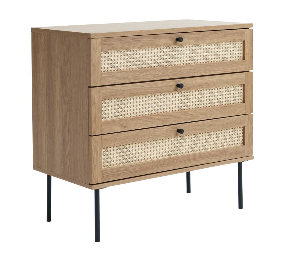 Pensacola Kommode, Melamin Egetræs-Look, 80x40x75 cm, 3 Skuffer, produktbillede 6 af 8, Kommoder hos HomeNordic