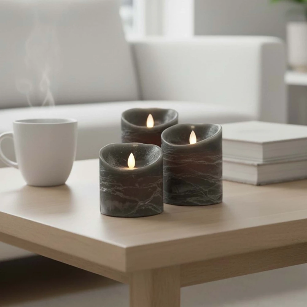 LED Bloklys Ø10cm, 3 stk, bevægelig flamme, sort meleret hos HomeNordic