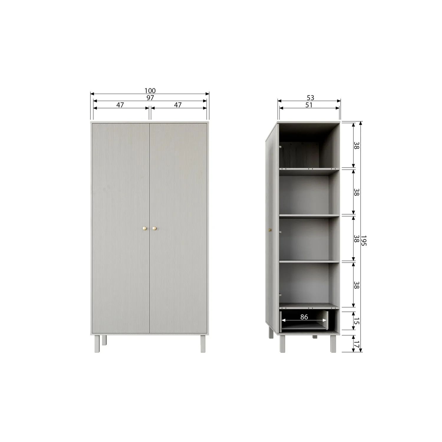 WOOOD - Madu Garderobeskab Fyr Cloud Grey FSC, produktbillede 10 af 10, Garderobeskabe hos HomeNordic