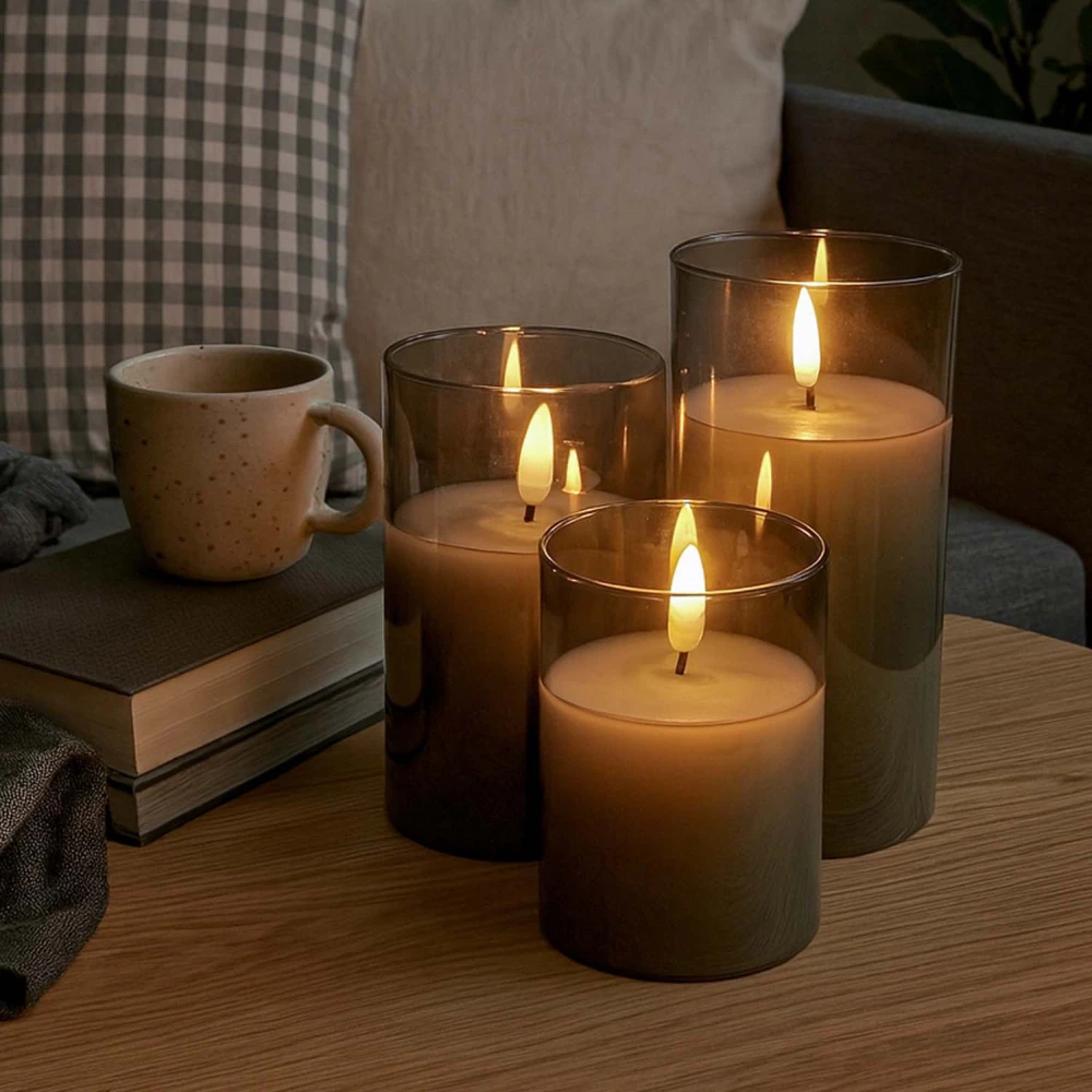 LED Bloklys sæt i gråtonet glas Ø7,5cm, 3 stk, flammeeffekt hos HomeNordic