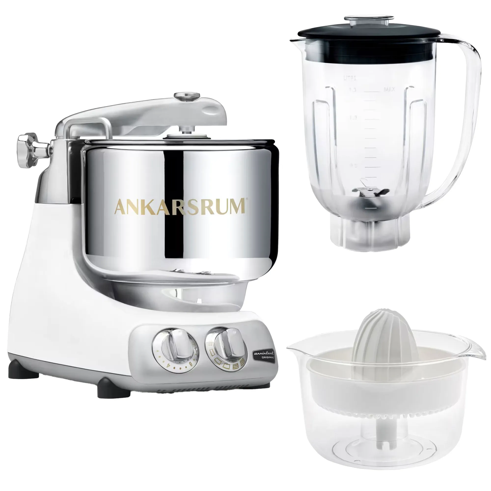 Assistent AKM6230 + mikserkande og citruspresser, glossy white, Røremaskiner hos HomeNordic