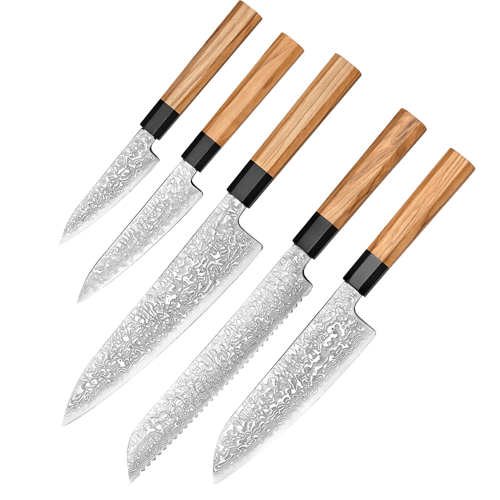 Japansk knivsæt | Paring Petty Santoku Gyuto Brødkniv | Damaskus, Brødknive hos HomeNordic