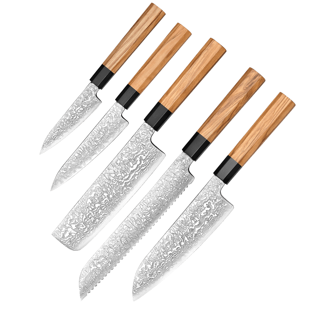 Japansk knivsæt | Paring Petty Nakiri Santoku Brødkniv | Damaskus, Brødknive hos HomeNordic