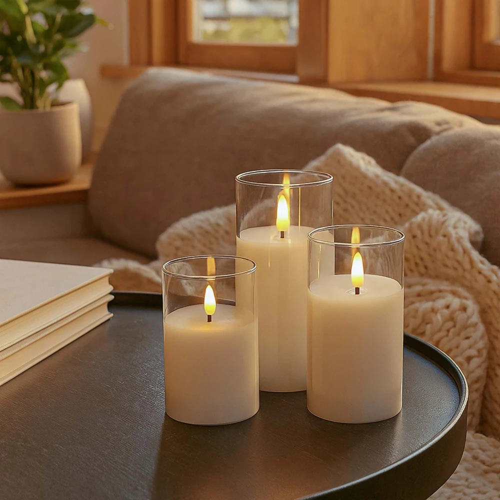 LED Bloklys sæt i glas Ø7,5cm, 3 stk, flammeeffekt hos HomeNordic