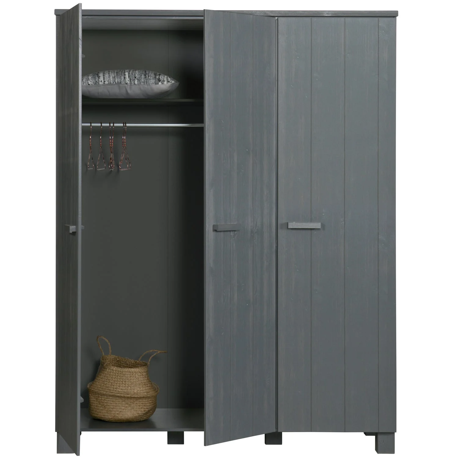 WOOOD - Dennis 3-Dørs Garderobeskab Fyrretræ Stålgrå FSC 202x158x55 cm, produktbillede 4 af 4, Garderobeskabe hos HomeNordic