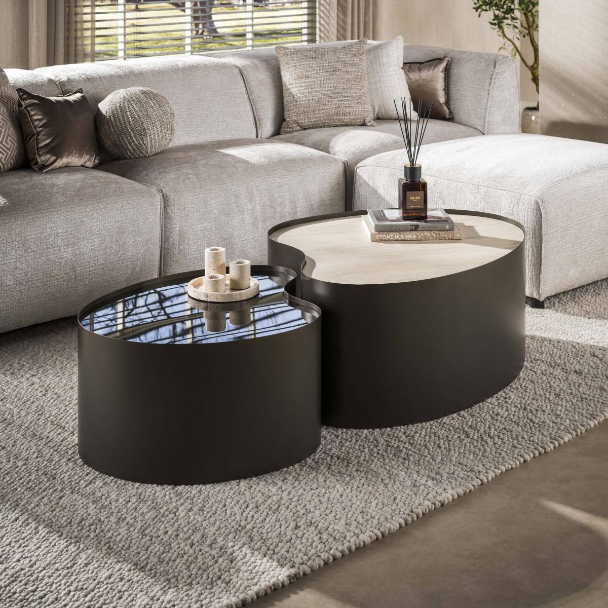 Mixy-X - Sofabordssæt i metal, travertin og glas, Moderne designs hos HomeNordic