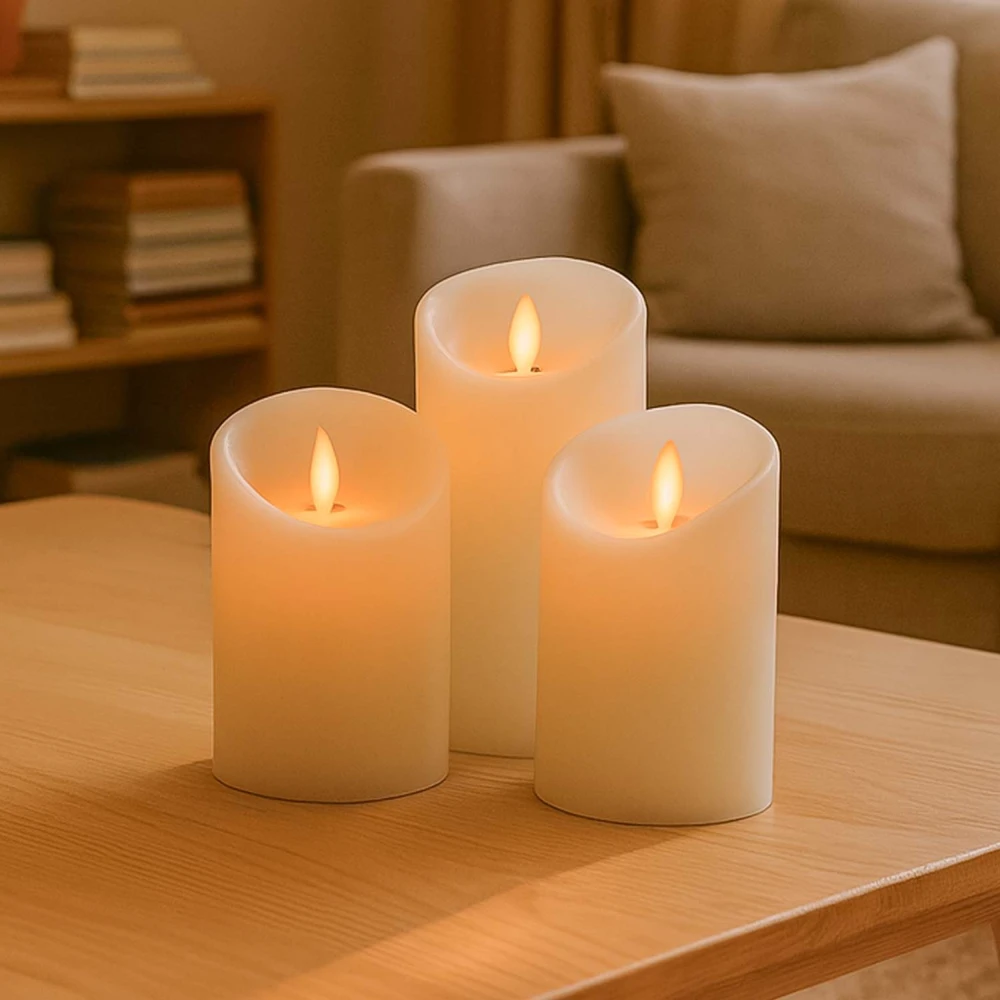 LED Bloklys, 3 stk, Ø7,5cm, bevægelig flamme, hvid hos HomeNordic