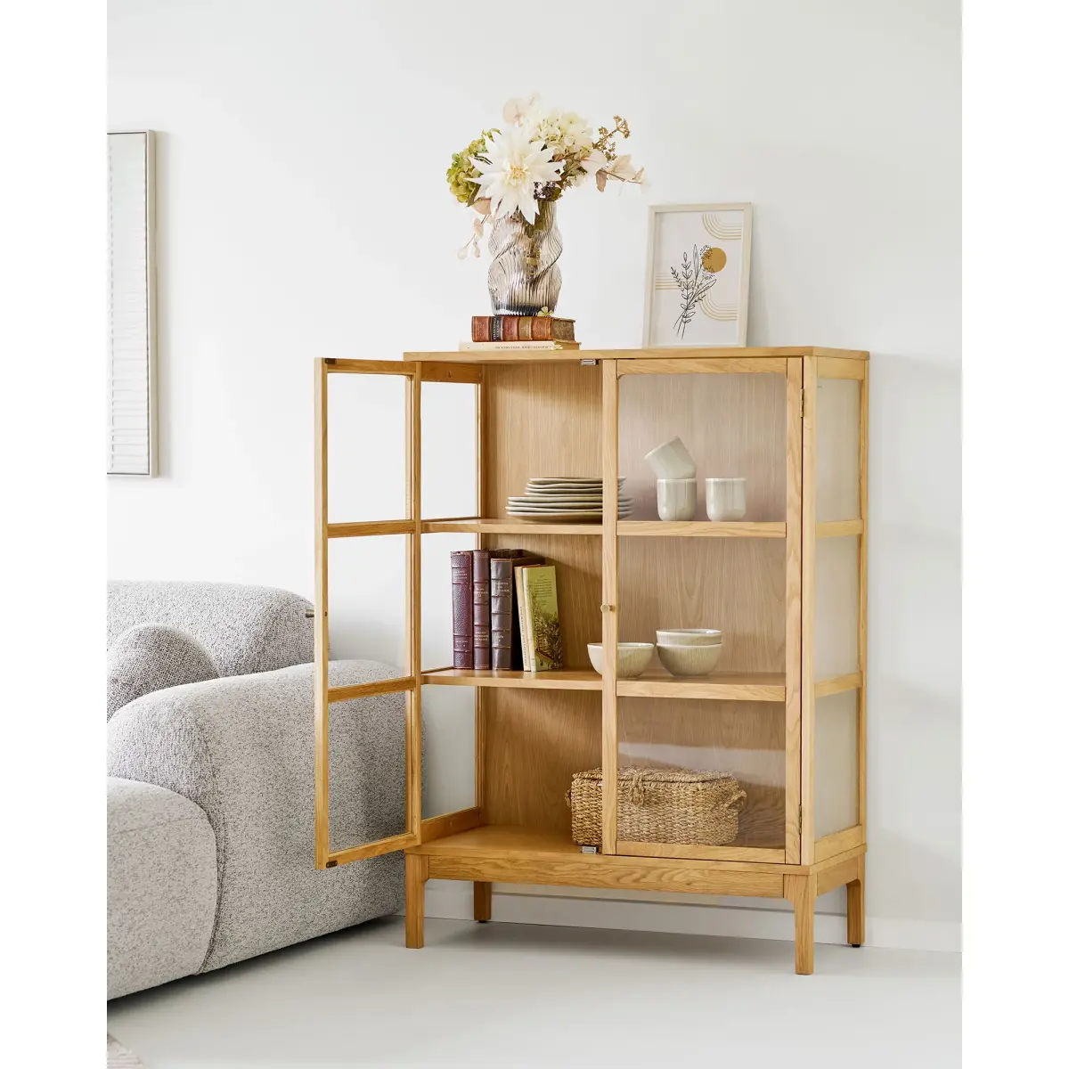 Zamora Vitrineskab - Vitrineskab, 2 Glaslåger, 2 Hylder, Eg/Egefiner/Hærdet Glas, Natur 40X90X126 Cm – billede 8