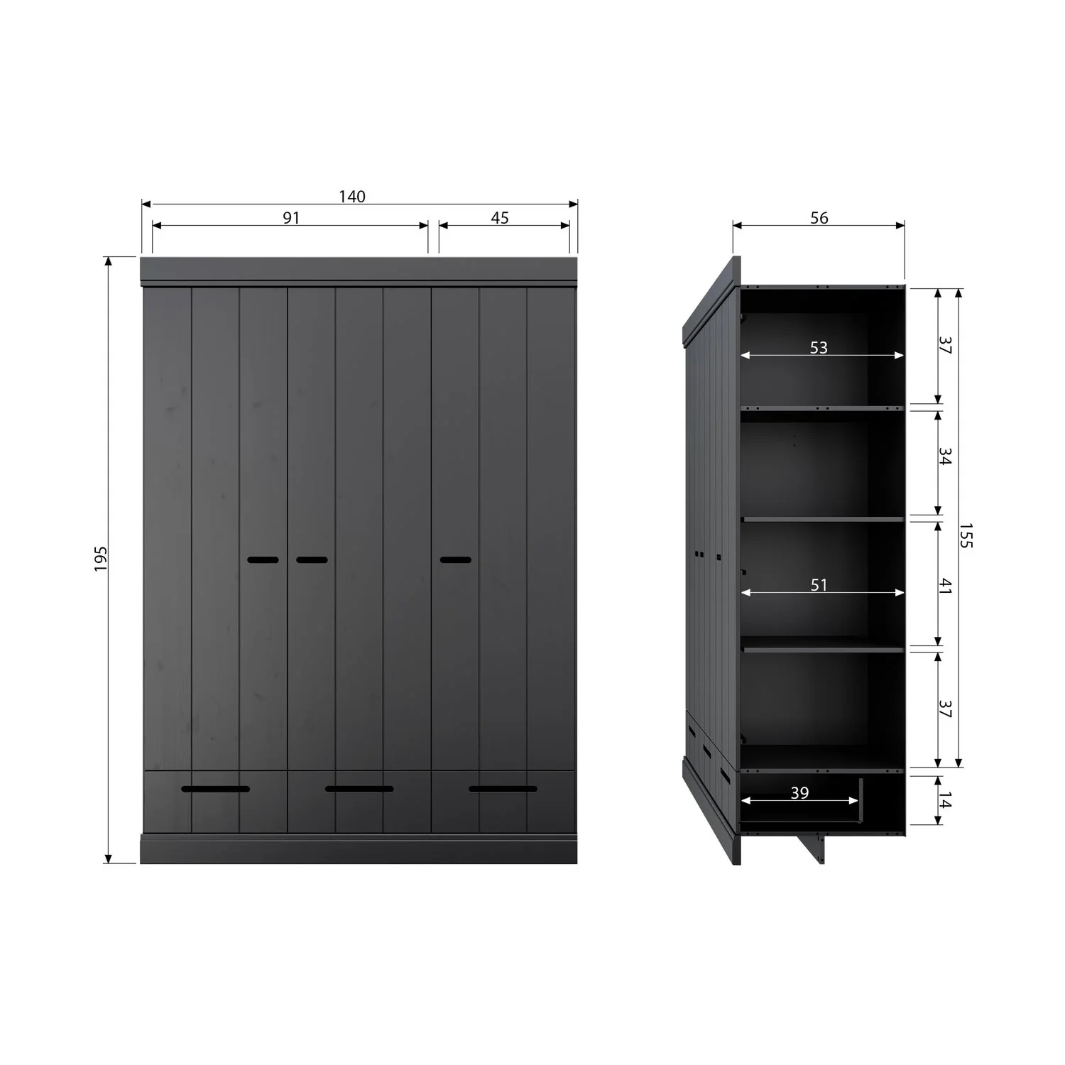 WOOOD - Connect 3-Dørs Skab Skuffer Skydedøre Sort FSC 195x140x53 cm, produktbillede 8 af 8, Garderobeskabe hos HomeNordic