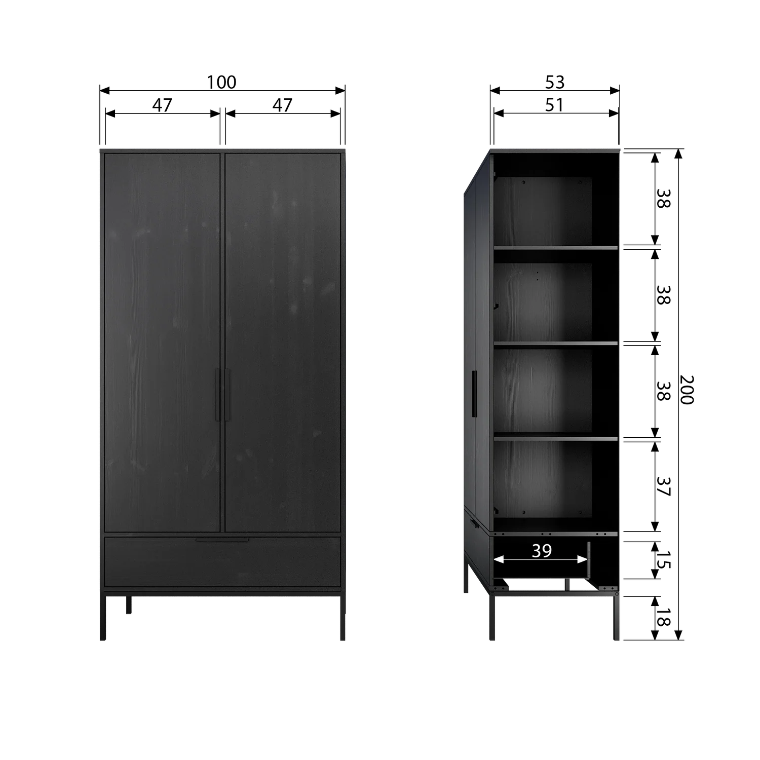 WOOOD - Adam Skab Fyrretræ Sort FSC 200x100x53 cm, produktbillede 8 af 8, Garderobeskabe hos HomeNordic