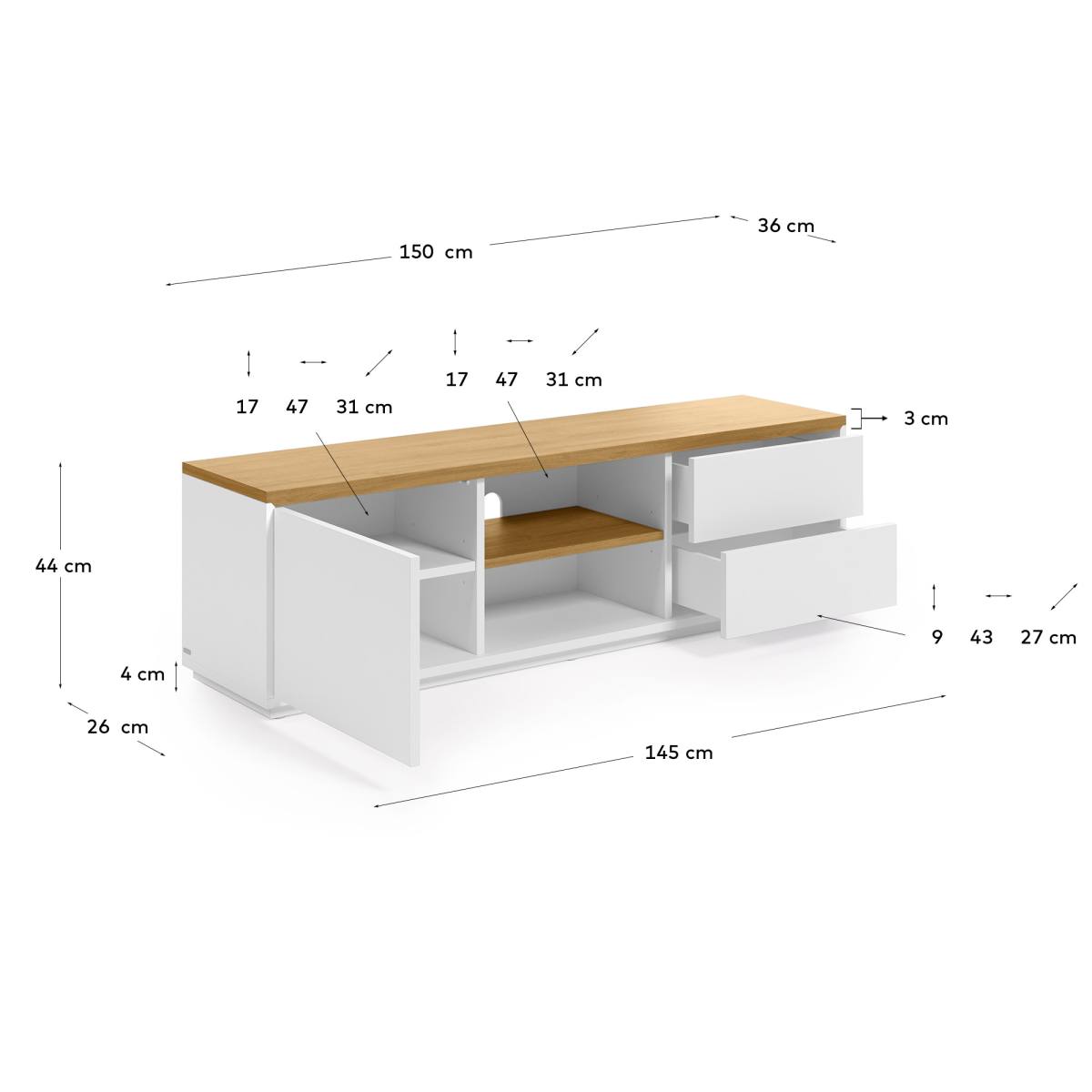 KAVE HOME Abilen TV-bord, m. 1 låge, 2 skuffer og 2 hylder, produktbillede 2 af 7, TV-borde hos HomeNordic