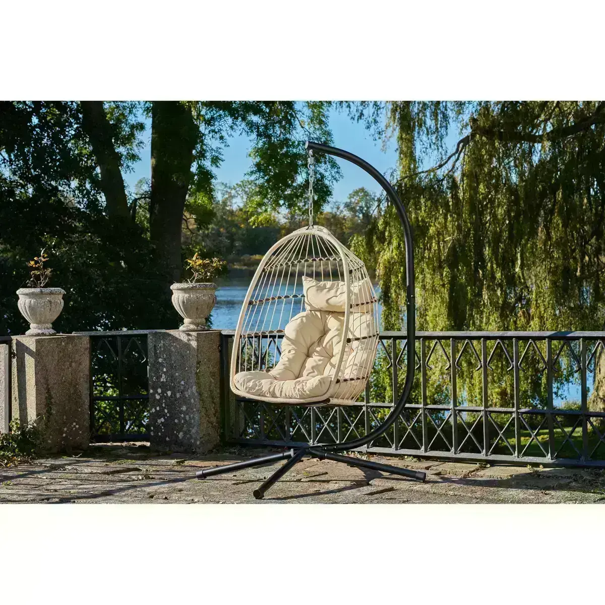 Patras Hængestol - Hængestol, Stål Stativ, Foldbar Sæde, Incl.Hynder, Beige/Grå//Sort 195X117X107 Cm – billede 10