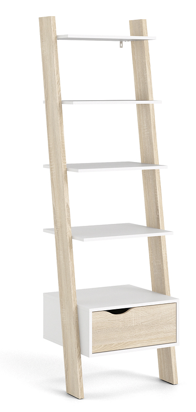 Odense reol 55 cm bred med 5 hylder og skuffe, hvid og ege look, Reoler hos HomeNordic
