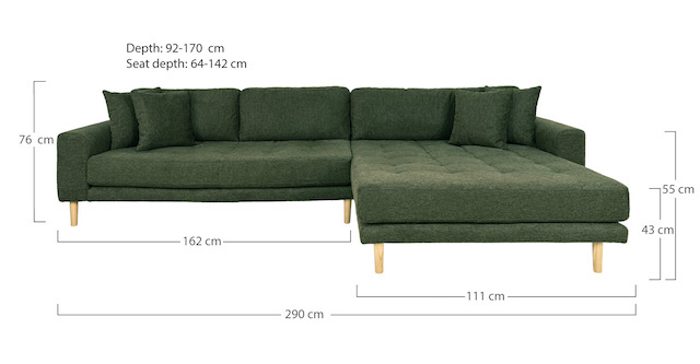 Riviera lounge sofa olivengrøn, højrevendt Længde på 290 cm, produktbillede 7 af 8, Sofaer hos HomeNordic
