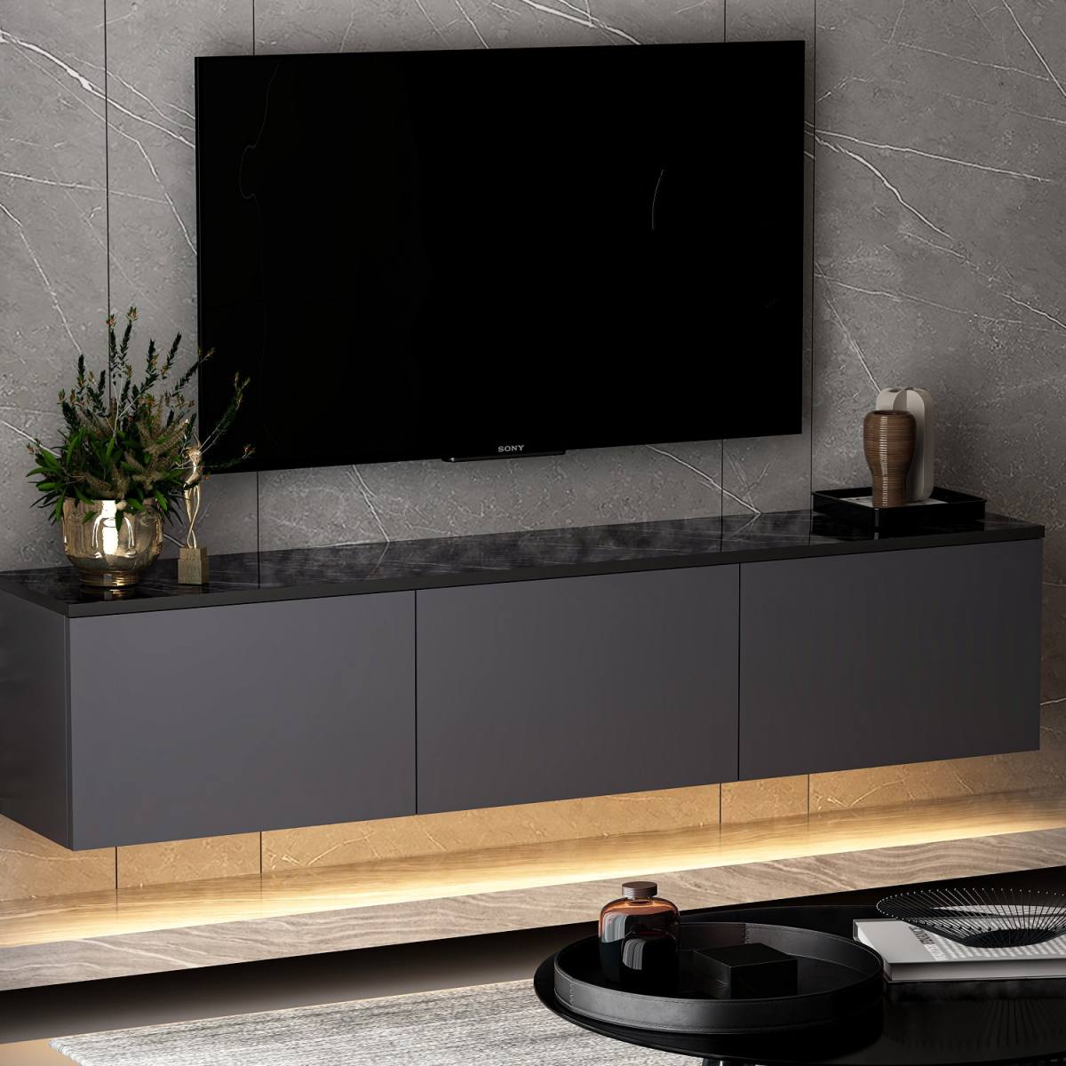 NORDVÄRK Neon Illuminated væghængt TV-bord, m. 3 låger, produktbillede 5 af 10, TV-borde hos HomeNordic